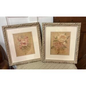 Vintage pair Cheri Blum floral art print set ornate frames 16x18 dusty pink rose